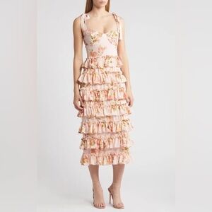 Wayf Masie Pink Floral Tiered Ruffle Midi Dress